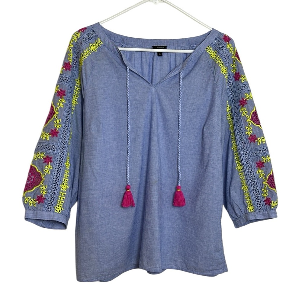 Talbots Light Blue Eyelet Embroidered 100% Cotton Peasant Blouse Top Size LP